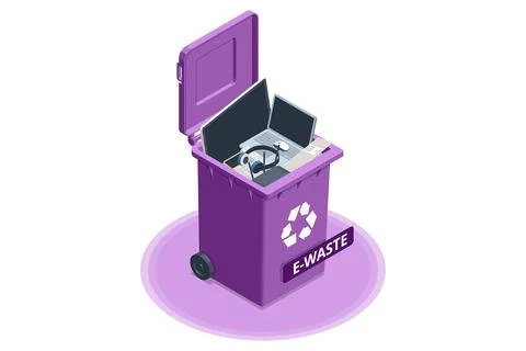 Purple isometric e-waste recycle bin with laptop, monitor and headset inside on Stock Illustration