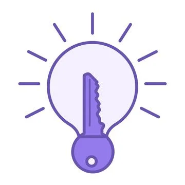 Purple Key Idea Icon. Vector Icon. Glowing Light Bulb and Key. The Main Tho.. Stock Illustration