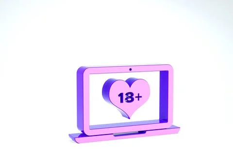 Purple Laptop computer with 18 plus content heart icon isolated on white back 스톡 일러스트