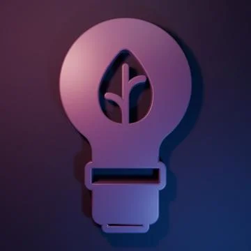 Purple Light bulb with leaf icon isolated on purple-blue background. Eco en.. Stock Illustration