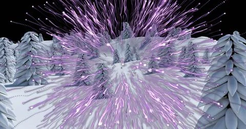 Purple light trails exploding over multiple trees on winter landscape against Stock Illustration