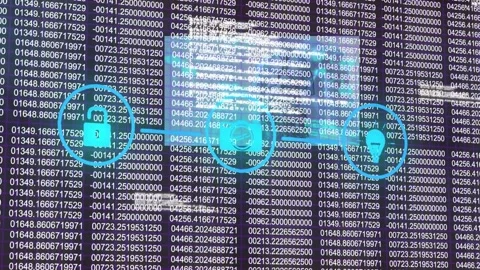 Purple light trails over computer code technology and binary coding data Stock Footage 327714265