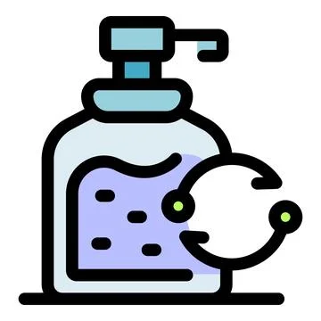 Purple liquid soap contained in a clear pump dispenser bottle, accompanied by Stock Illustration