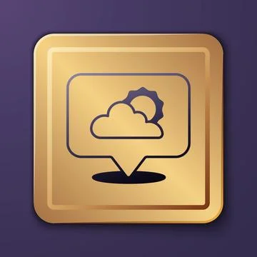 Purple Location cloud icon isolated on purple background. Gold square button Illustrazione stock