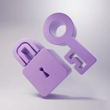 Purple Lock with key icon isolated on grey background. Love symbol and keyh.. Stock Illustration
