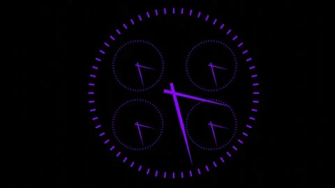 Purple luminous clock face with rotating arrows on a black background. timelapse Video stock 247647056