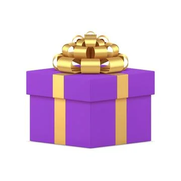 Purple luxury squared gift box with golden bow ribbon shopping present 3d ico Stock Illustration