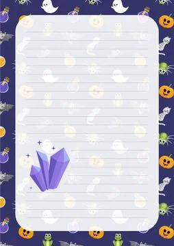 Purple magic crystal. Note paper. Page. Halloween notebook sheet. Cartoon, flat Stock Illustration
