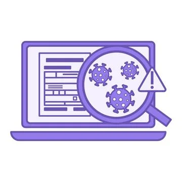 Purple Malware Detection Icon. Vector Illustration. Laptop with a Document,.. Illustrazione stock