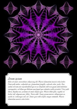 Purple mandala on black background, text frame. Ultraviolet symmetric mono line Stock Illustration