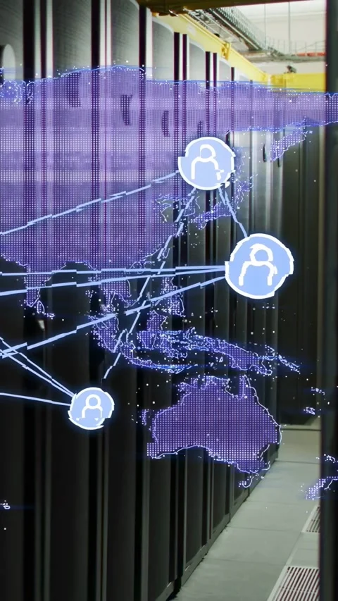 Purple map appearing, network overlaying racks, nodes moving, lines converging, Stock Footage 332775192