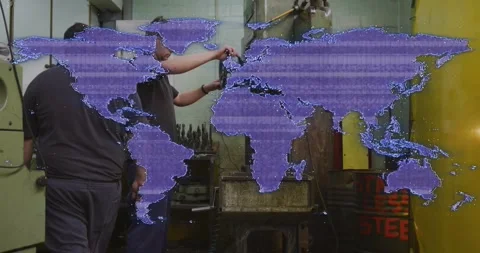 Purple map fading to dotted, helper walking left in workshop while operator Vidéo 321099595