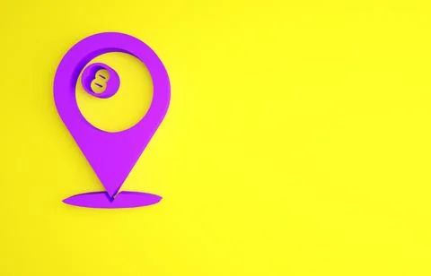Purple Map pointer with billiard pool snooker ball with number 8 icon isolated Stock Illustration