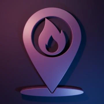 Purple Map pointer with fire flame icon isolated on purple-blue background... 스톡 일러스트