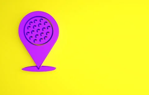 Purple Map pointer with golf sport club icon isolated on yellow background Stock Illustration