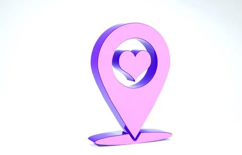 Purple Map pointer with heart icon isolated on white background. 3d illustrat Stock Illustration