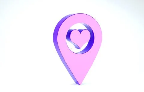Purple Map pointer with heart icon isolated on white background. 3d illustrat Stock Illustration
