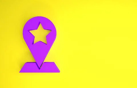 Purple Map pointer with star icon isolated on yellow background. Star favorit Stockillustratie