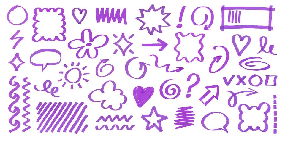 Purple Marker Elements Hand Drawn set. Stock Illustration