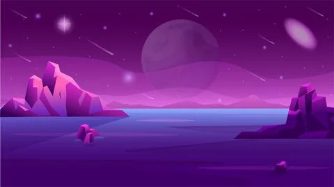 Purple Mars sky. Alien desert landscape for game. Space planet background wit Stock Illustration