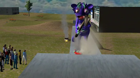 Purple Monster Attacking City  (Overhead Shot) Stock Footage 33993112