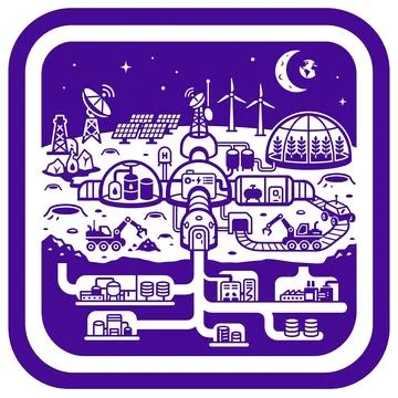 Purple moon base infrastructure with underground laboratories and solar pow.. Stock Illustration