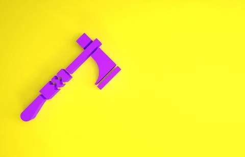Purple Native american tomahawk axe icon isolated on yellow background. Minim 스톡 일러스트