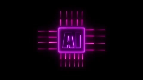 Purple neon artificial intelligence AI text inside microchip processor outl.. Stock Footage 334612078