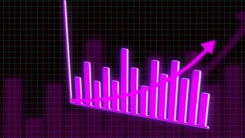 Purple neon bar chart with downward arrow on grid background highlighting d.. Stock Footage 321450158