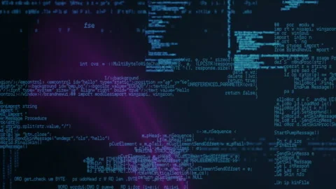 Purple neon beam emerging causing code scrolling pulsing in blue text revealing Stock Footage 310154112