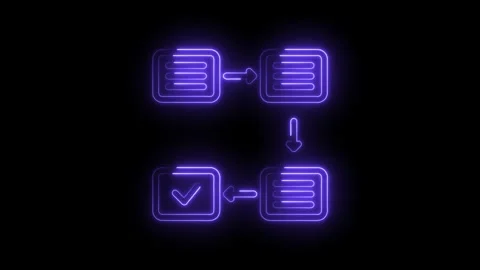 Purple neon flowchart process steps with checkmark completion and arrows Stock Footage 333952464