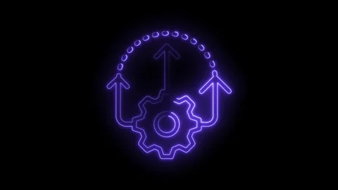 Purple neon gear with arrows circulating around represents process optimization Stock Footage 322961977