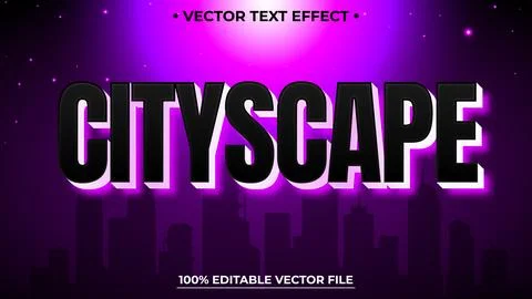 Purple neon glow editable text effect with cityscape background Illustrazione stock