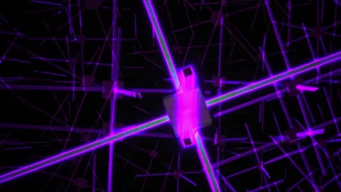 Purple Neon Grid with Central Green Cube Showing Fast Digital Motion for Te.. Stock Footage 343756093