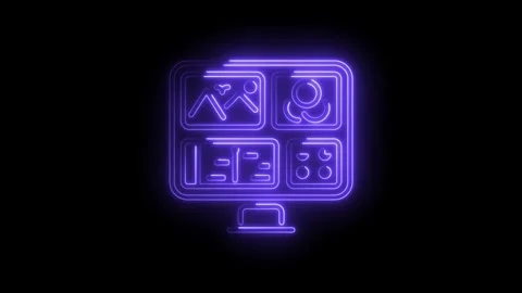 Purple neon interface icon animation on black background displaying various Stock Footage 322993247