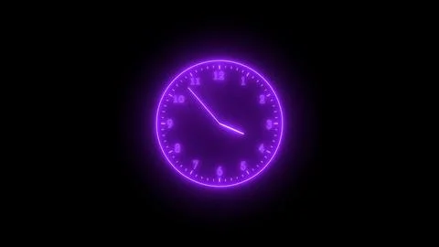 Purple neon light analog clock isolated on black background Stock Illustration