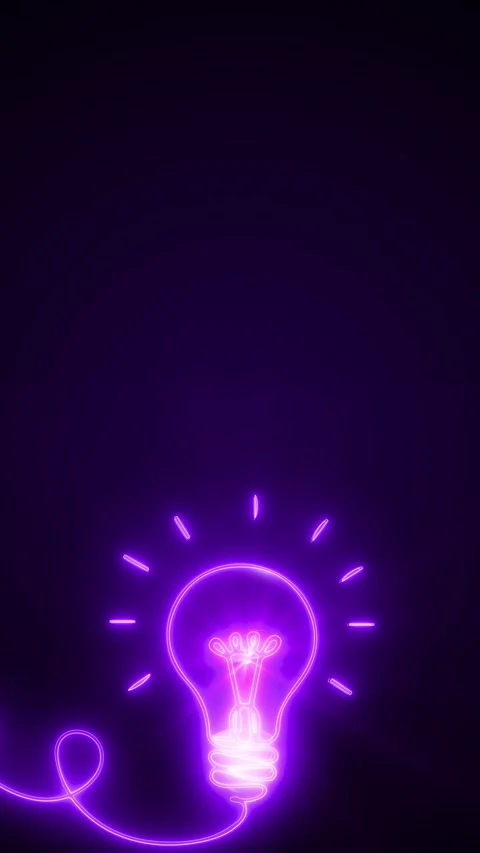 Purple neon light bulb idea background glowing outline, dark space, and creative Stock Footage 340477945