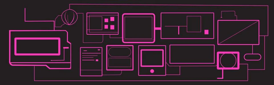 Purple neon light vector technology concept flat colour on dark background Stock Illustration