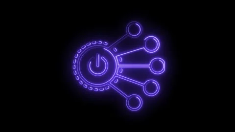 Purple neon network node connection with power button icon on black backgroun Stock Footage 315958409