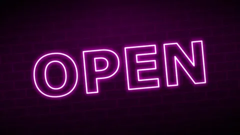 Purple neon "Open" sign with flicker on black brick background Stock Footage 242851837