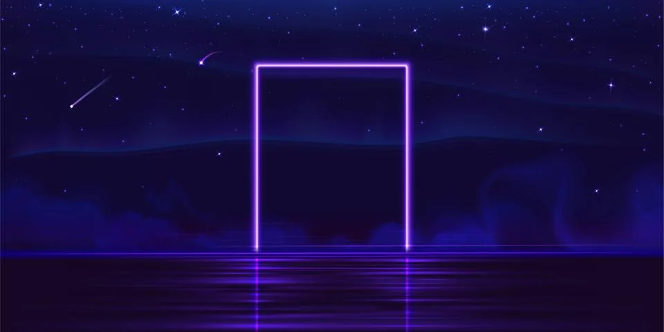 Purple neon rectangular door frame on water Illustrazione stock