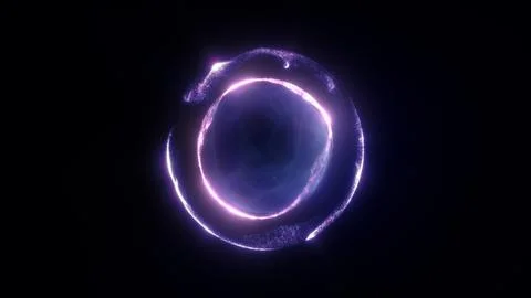 Purple neon ring around a dark sphere with sparkling particles, abstract co.. Illustrazione stock