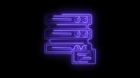 Purple neon server rack icon with data transfer arrows on black background Stock Footage 333958138