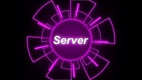 Purple neon server text within circular digital network animation on black .. Stock Footage 337363957