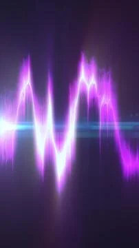 Purple neon waveform with bright glowing pulses, cyan lens flare, and abstr.. Stock-Illustration