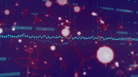 Purple network pulsating causing teal bars sliding nodes drifting dot stream Stock Footage 315590041