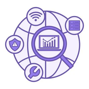 Purple Network Traffic Analysis Icon. Vector Illustration. Globe, Laptop, M.. Stock Illustration