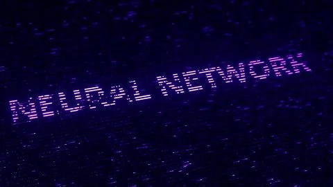 Purple NEURAL NETWORK text made with flying luminescent particles. Loopable 3D Illustrazione stock