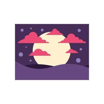 Purple night sky with full moon and pink clouds Stock Illustration