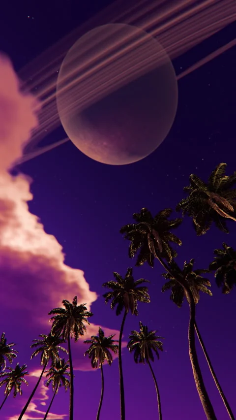 Purple night sky with planets and palm trees in seamless loop Stock Footage 335019717